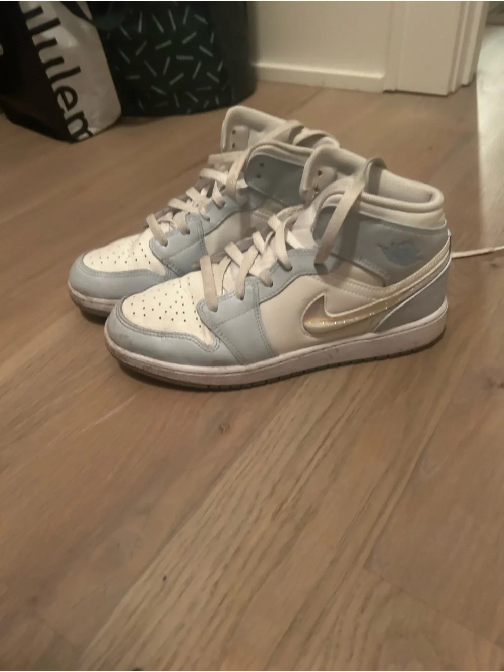 Baby Blue and White High-Top Sneakers with Chrome Swoosh